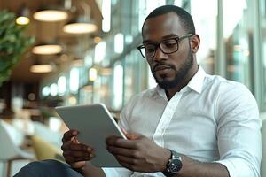 Close up of young businessman using digital tablet while sitting at his working place in office. Businessman using digital tablet photo