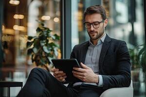 Close up of young businessman using digital tablet while sitting at his working place in office. Businessman using digital tablet photo