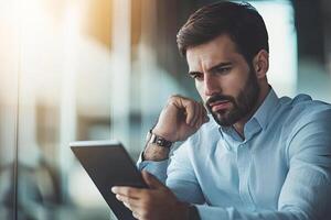 Close up of young businessman using digital tablet while sitting at his working place in office. Businessman using digital tablet photo