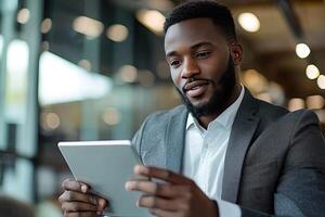 Close up of young businessman using digital tablet while sitting at his working place in office. Businessman using digital tablet photo