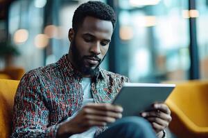 Close up of young businessman using digital tablet while sitting at his working place in office. Businessman using digital tablet photo