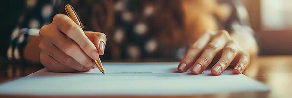 Close up of businesswoman hand signing contract or agreement with pen photo