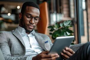 Close up of young businessman using digital tablet while sitting at his working place in office. Businessman using digital tablet photo