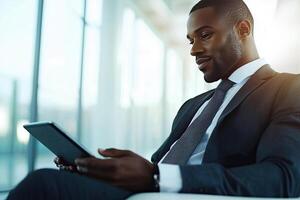 Close up of young businessman using digital tablet while sitting at his working place in office. Businessman using digital tablet photo