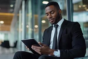 Close up of young businessman using digital tablet while sitting at his working place in office. Businessman using digital tablet photo