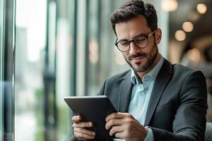 Close up of young businessman using digital tablet while sitting at his working place in office. Businessman using digital tablet photo