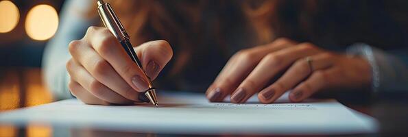 Close up of businesswoman hand signing contract or agreement with pen photo
