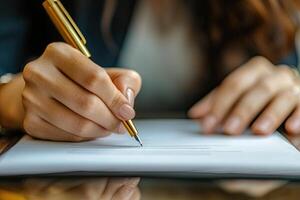 Close up of businesswoman hand signing contract or agreement with pen photo