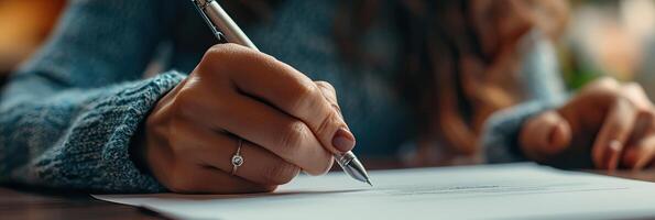 Close up of businesswoman hand signing contract or agreement with pen photo
