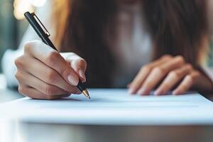 Close up of businesswoman hand signing contract or agreement with pen photo