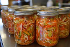 Jars filled with colorful fermented vegetables sit on a kitchen countertop photo