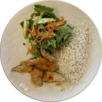 This dish is crispy pan-fried cod pieces drizzled with a tangy sweet chili sauce, served with fragrant white rice and a refreshing salad of greens, carrots, and cucumbers, sprinkled with sesame seeds. photo