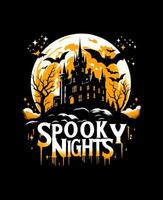 Dripping Text Halloween Design with Spooky Castle and Bats Tshirt Design vector