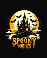 Spooky Nights Halloween Design - Haunted Castle and Dripping Text Tshirt Design vector