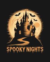 Haunted Castle Silhouette with Bats and Dripping Spooky Nights Text vector