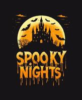 Spooky Nights Haunted Castle Design with Dripping Halloween Text Tshirt Design vector