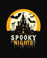 Full Moon Halloween Design with Spooky Castle and Bats Tshirt Design vector
