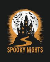 Spooky Nights Haunted Castle with Full Moon and Bats Tshirt Design vector