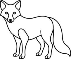 An outline illustration of a fox, sitting with its bushy tail wrapped around, drawn with sleek and sharp lines on a white background. vector