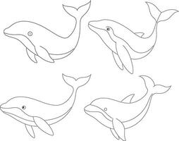 Four package of Whale outline or line art illustration, swimming gracefully with a gentle curve, drawn with smooth, sweeping lines on a white background. vector
