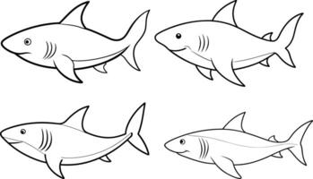 A package of Shark outline or line art illustration, depicted in mid-swim with its dorsal fin visible, drawn with sharp, streamlined lines on a white background. vector