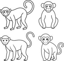A package of monkey outline or line art or sketch illustration swinging from a tree branch with a curled tail drawn with minimalistic lines on a white background vector