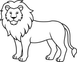 An outline illustration of a lion with a majestic mane standing in a powerful pose drawn with minimalistic lines on a white background vector