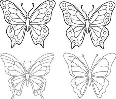 Nice Butterfly outline or line art illustration package of four butterflies, wings spread in symmetrical patterns, drawn with light and intricate lines on a white background. vector