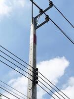 high voltage power transmission lines on the blue sky background. photo