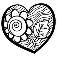Outline heart with fantasy patterns, coloring page with a sunflower with a spiral middle vector