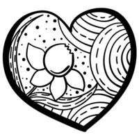 Outline heart with fantasy patterns, coloring page with daffodil and circles vector