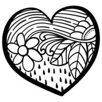 Outline heart with fantasy patterns, coloring page with flower, stripes and drops vector