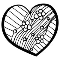 Outline heart with fantasy patterns, coloring page with small flowers and stripes vector