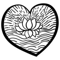 Outline heart with fantasy patterns, coloring page with lotus and wavy lines vector