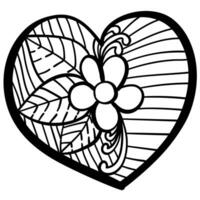 Outline heart with fantasy patterns, coloring page with a flower and a bunch of leaves vector