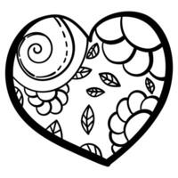 Outline heart with fantasy patterns, coloring page with spiral and flowers vector