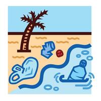 Trashes on beach colorful icon illustration isolated on square white background. Simple flat outlined cartoon art styled drawing. vector