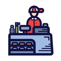 Cashier counter and worker colorful icon illustration isolated on square white background. Simple flat outlined cartoon art styled drawing. vector