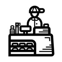 Cashier counter and worker icon illustration isolated on square white background. Simple flat outlined cartoon art styled drawing. vector