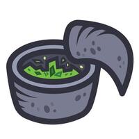 Stone mortar and sambal cabe ijo colorful icon illustration isolated on square white background. Simple flat outlined cartoon art styled drawing. vector