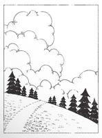 Clean and peaceful landscape line art illustration with clouds, grassy ground and some pine trees. vector