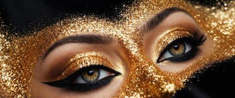 Close up of a woman with sparkling golden glitter makeup, creating a luxurious and festive look photo