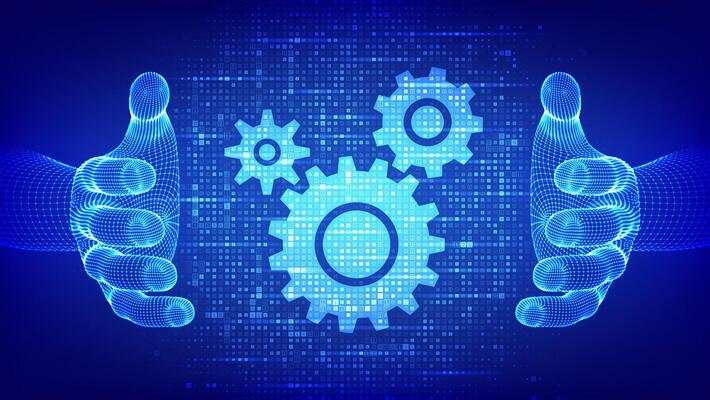 Automation Software concept. IOT, Innovation, productivity in technology and business processes. Gears icons made with binary code in wireframe hands. Digital code background with digits 1.0. .