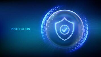 Protection. Cyber security. Network safety. Healthcare. Insurance. Protection shield with Check mark icon inside transparent sphere shield with hexagon pattern on blue background. illustration. vector