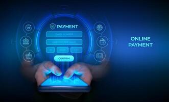 Online payment concept. Online banking digital technology.Online payment via banking application using smartphone. Online shopping. Financial transaction. Smartphone in hands. illustration. vector