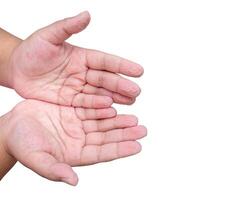 Girl's hands wrinkle pruney fingers after playing in the pool for a long time isolated on white background with clipping path, young female palm wrinkles on fingers photo