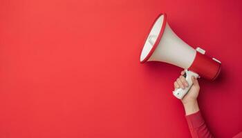 Hand Holding Megaphone on Red Background with Copy Space for Text Banner photo
