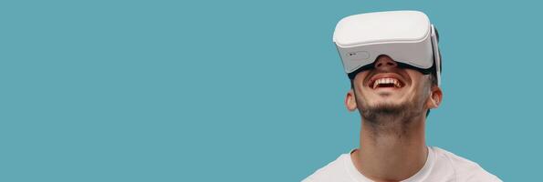 Man Smiling with VR Headset. Virtual Reality Concept. Man with VR Goggles photo