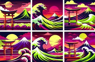Set of colored images of Japanese themes in flat style. vector