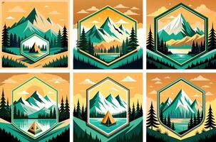 Set of templates with mountains, forest and tent in green shades. vector
